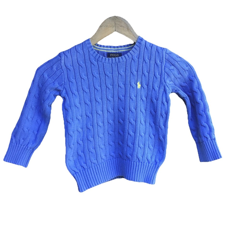 Polo Ralph Lauren Kids Size 5 Blue Cable Knit Cotton Crewneck Sweater Pony Logo